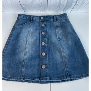 Refuge Womans Blue Denim Faded 6-Front Button Pocket Mini Skirt Size 8